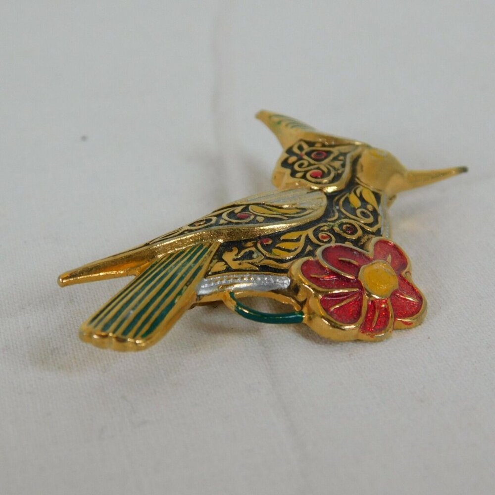 Bird Shaped Gold Tone Enamel Brooch Pin Textured Red Flower Spain 2" FLAW - Picture 2 of 8